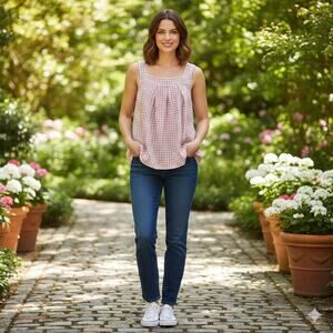 Max Studio Top Red Plaid Linen Blend Tank